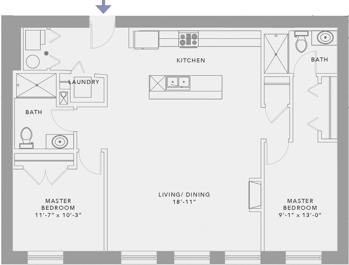 Floor plan for 2 beds, 2 baths, 1300 sqft